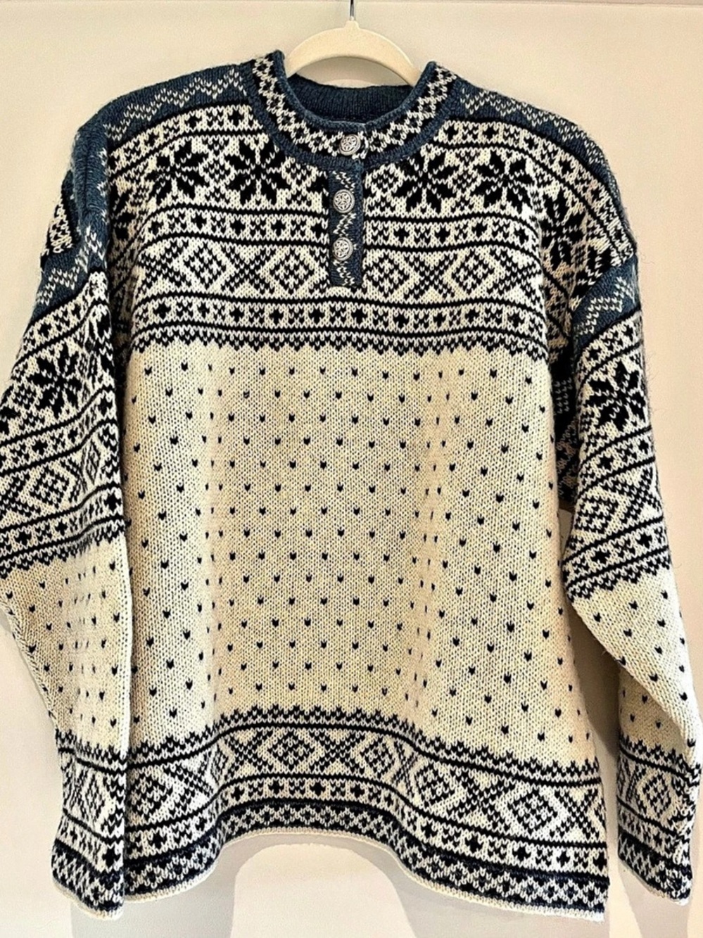 Vintage L.L.Bean Women's Nordic Fair Isle Wool Blend Henley Sweater Size L